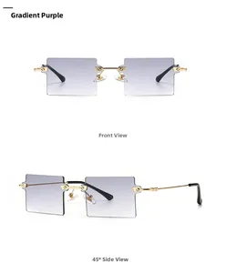 Detail of rimless square sunglasses with gradient purple lenses and gold metal temples
