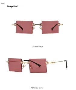 Detailed front and side view of rimless rectangular sunglasses with dark red lenses