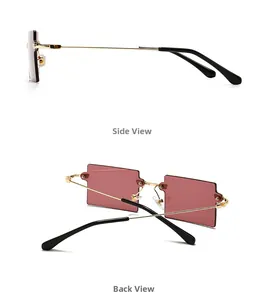 Side view of rimless rectangular sunglasses with pink gradient lenses and gold metal temples