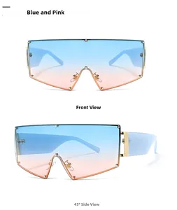 Vue détaillée des lunettes de soleil sans monture carrées avec verres dégradés bleu-rose