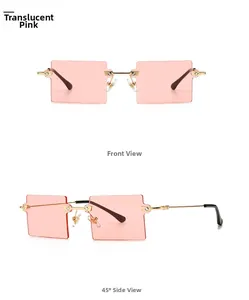 Detail view of pink rimless rectangular sunglasses with gold temples on white background