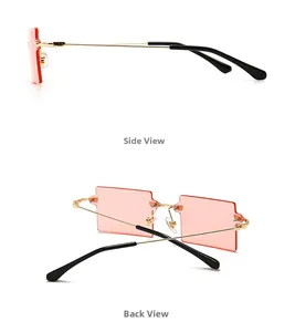 Side and back view of retro square rimless sunglasses with pink lenses and gold metal temples