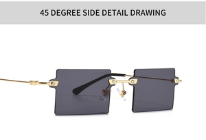 45-degree side view showing golden metal hinges and dark rectangular lenses of sunglasses