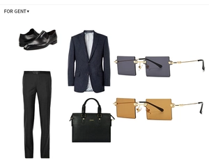 Flat lay of men's business suit set with slim briefcase and square sunglasses