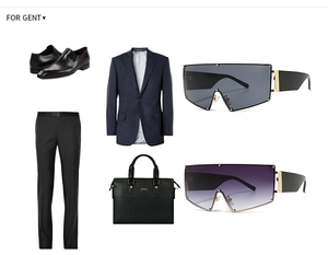 Vue à plat de lunettes de soleil masque oversize avec costume chic et accessoires en cuir