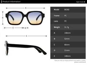Detailed size chart for square sunglasses showing lens dimensions and frame measurements