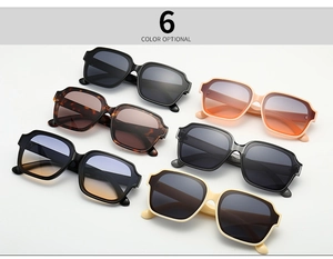 Flat lay of retro square sunglasses in six color options including black and tortoise