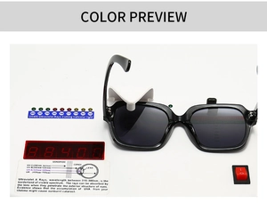 UV400 testing display showing black square sunglasses on a professional UV detector