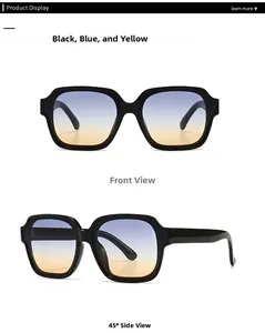 Detail view of square black sunglasses with vertical blue to yellow gradient lenses