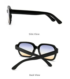 Detail view showing the side and back of square black sunglasses with gradient lenses