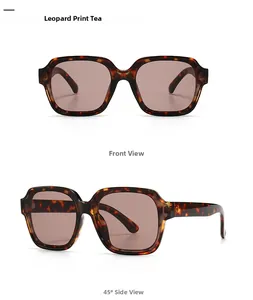 Detailed views of leopard tea square sunglasses showing front and 45-degree side angles