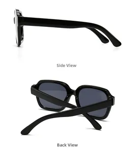 Side and back view of black oversized square sunglasses with glossy frames
