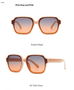Front and 45-degree angle views of square pink sunglasses with gray pink gradient lenses