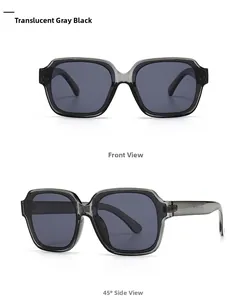 Front and side views of modern transparent gray square sunglasses with dark lenses