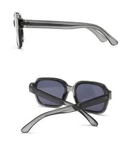 Detail view of square oversized sunglasses with dark grey resin frame and side profile
