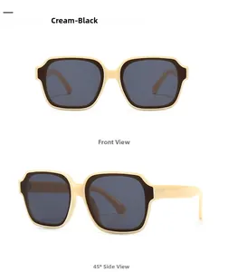 Front and side view of square cream and black oversized frame sunglasses with dark grey lenses