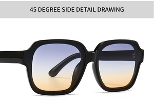 45-degree side view detail of square black frames with blue-orange gradient lenses