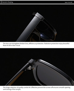 Detail showing reinforced lenses with UV protection and durable metal hinges on black sunglasses