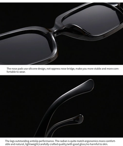 Detail of comfortable silicone nose pads and ergonomic non-slip temples of black sunglasses