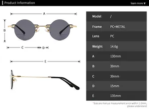 Detailed size specifications for square vintage sunglasses with PC and metal frame