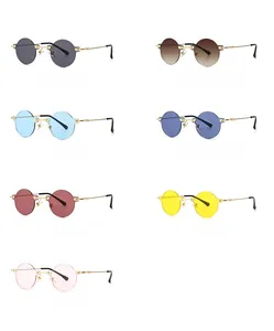 Collage of retro rimless sunglasses in seven colors including blue, red and pink tint