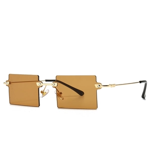 Retro rectangle rimless sunglasses with brown lenses and golden metal frames for street style