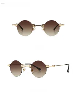 Detailed front and 45-degree angle views of vintage rimless sunglasses with gold metal temples