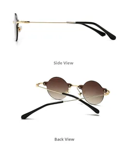 Side and back view of retro rimless square sunglasses with gold metal temples