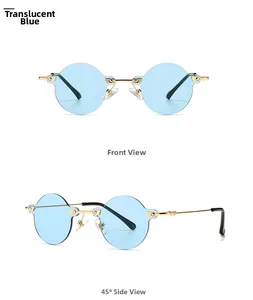 Detail view of rimless blue lenses and gold metal temples on vintage sunglasses
