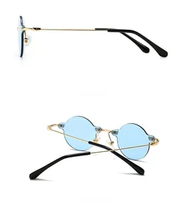 Detailed side and back views of retro small square sunglasses with gold metal frame