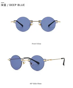Front and 45-degree side view of vintage round rimless sunglasses in deep blue color