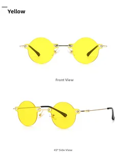 Detailed views of gold metal round steampunk sunglasses with yellow lenses from two angles