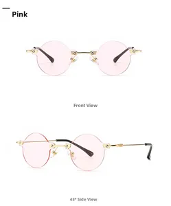 Detail view of pink rimless square sunglasses with gold metal temples and nose pads