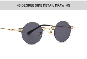 Detailed 45-degree side view of vintage rimless sunglasses with gold metal frame