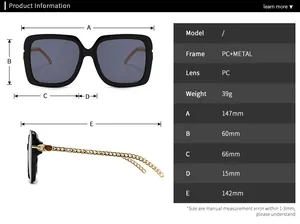 Detailed size chart infographic for oversized square frame sunglasses with PC metal frame