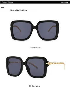 Detail of square sunglasses with black frame and golden metal chain temple design