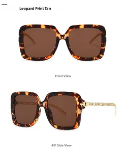 Detail view of retro square sunglasses with leopard print frame and gold chain temples
