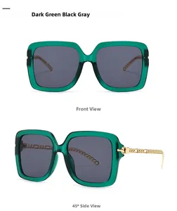 Front and 45-degree side view of dark green square sunglasses with golden chain temples