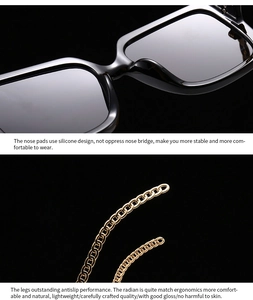 Detail view of square sunglasses with silicone nose pads and golden metal chain temples