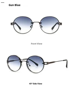 Vorder- und Seitenansicht der Retro-Oval-Sonnenbrille in Gunmetal mit Blauverlauf