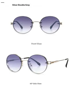 Front- und Seitenansicht einer ovalen silbernen Sonnenbrille mit lila Verlauf