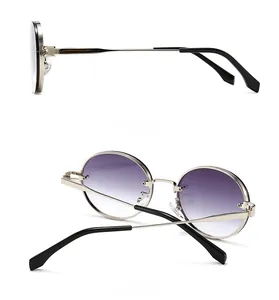 Detailansicht der ovalen Retro-Sonnenbrille mit Seiten- und Rückprofil aus Metall