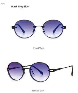 Front- und 45-Grad-Ansicht der Retro-Oval-Sonnenbrille mit blau-violetten Verlaufgläsern
