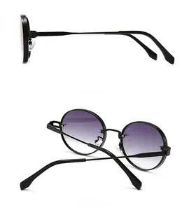 Seiten- und Rückansicht der Retro-Oval-Sonnenbrille mit lila Verlaufsgläsern und schwarzem Rahmen