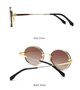 Seiten- und Rückansicht der Retro-Oval-Sonnenbrille mit Goldrahmen und braunem Farbverlauf
