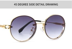 Detaillierte 45-Grad-Seitenansicht der Vintage-Oval-Sonnenbrille mit goldenem Metallrahmen