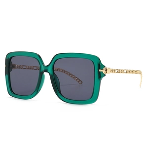 Modern square oversized emerald green sunglasses with gold metal chain temples for women