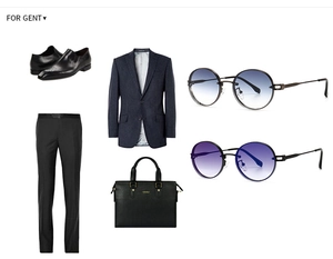 Flachbild von Business-Set für Herren mit blauem Anzug, Lederschuhen und ovaler Sonnenbrille