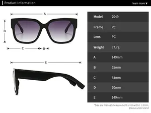 Detailed size specifications and measurements chart for oversized square sunglasses 2049