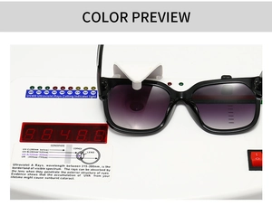 Detailed demonstration of UV400 protection testing on purple gradient square sunglasses